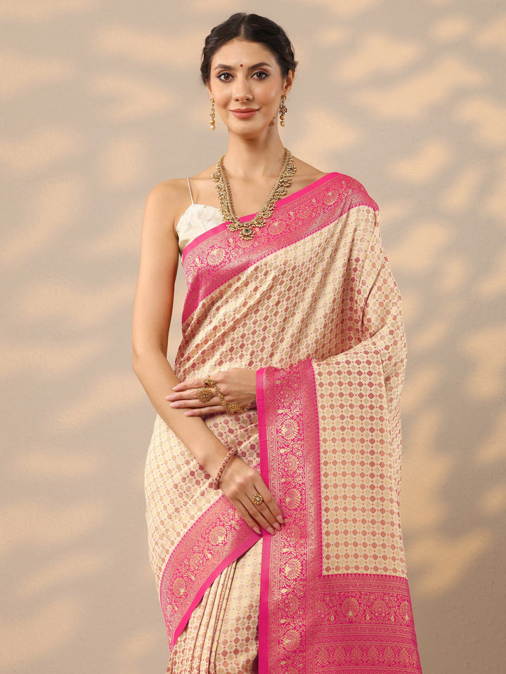 Off White Woven Design Banarasi Silk Blend Saree With Unstitched Blouse Piece