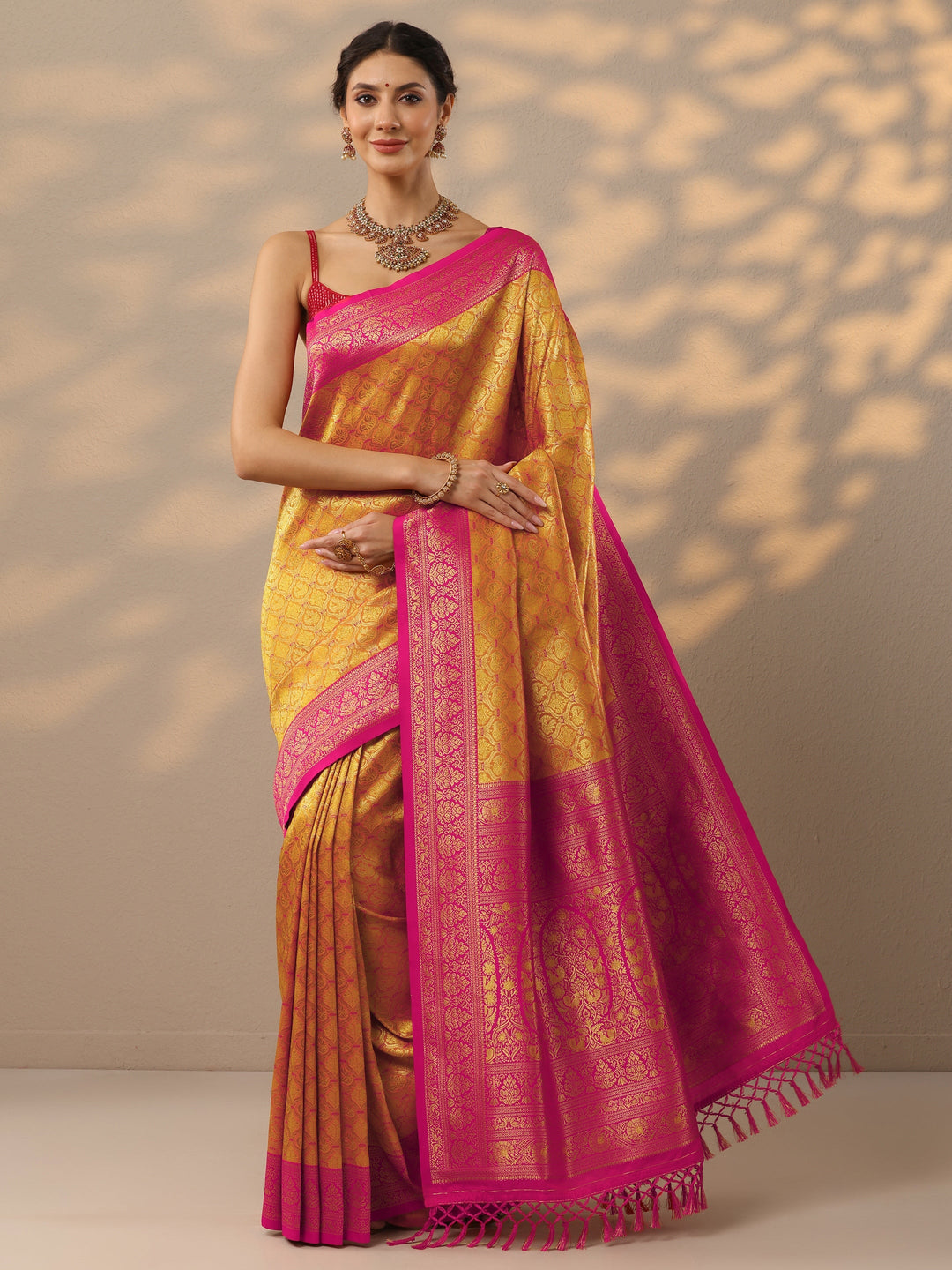 Mustard Woven Design Banarasi Silk Blend Saree With Unstitched Blouse Piece