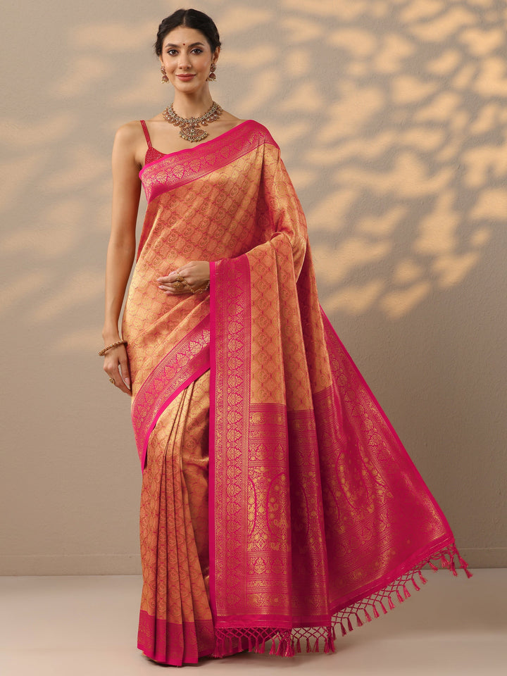 Peach Woven Design Banarasi Silk Blend Saree With Unstitched Blouse Piece