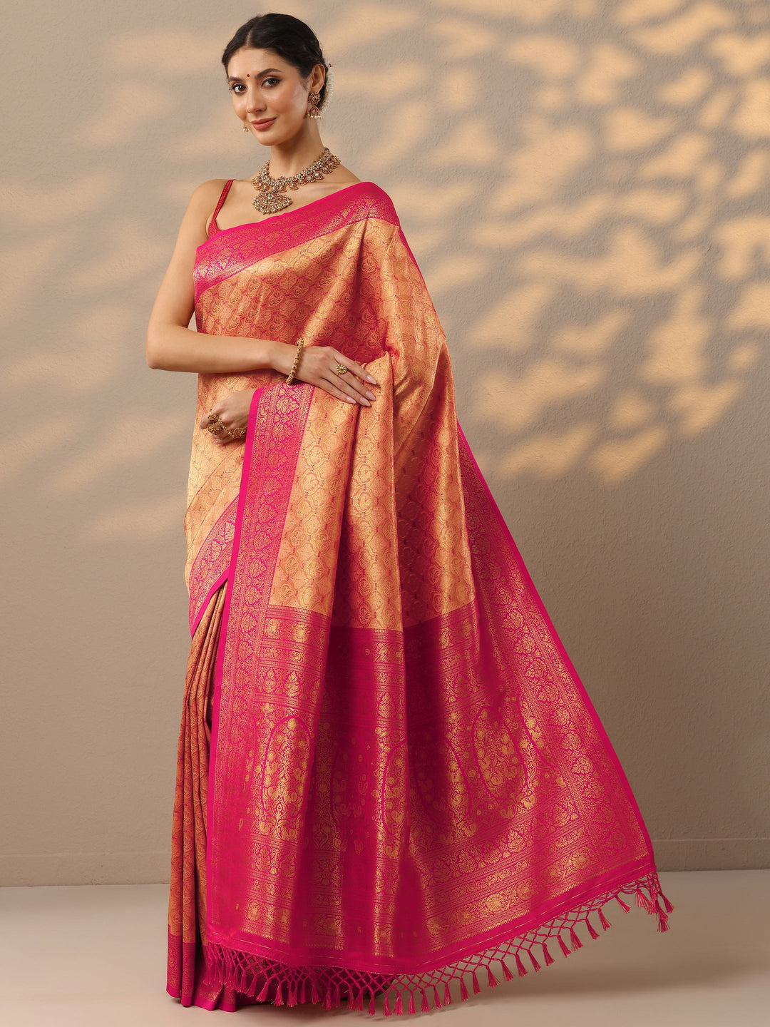 Peach Woven Design Banarasi Silk Blend Saree With Unstitched Blouse Piece