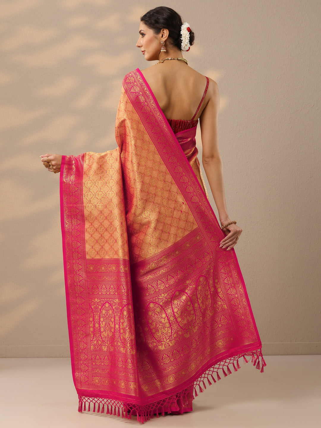 Peach Woven Design Banarasi Silk Blend Saree With Unstitched Blouse Piece