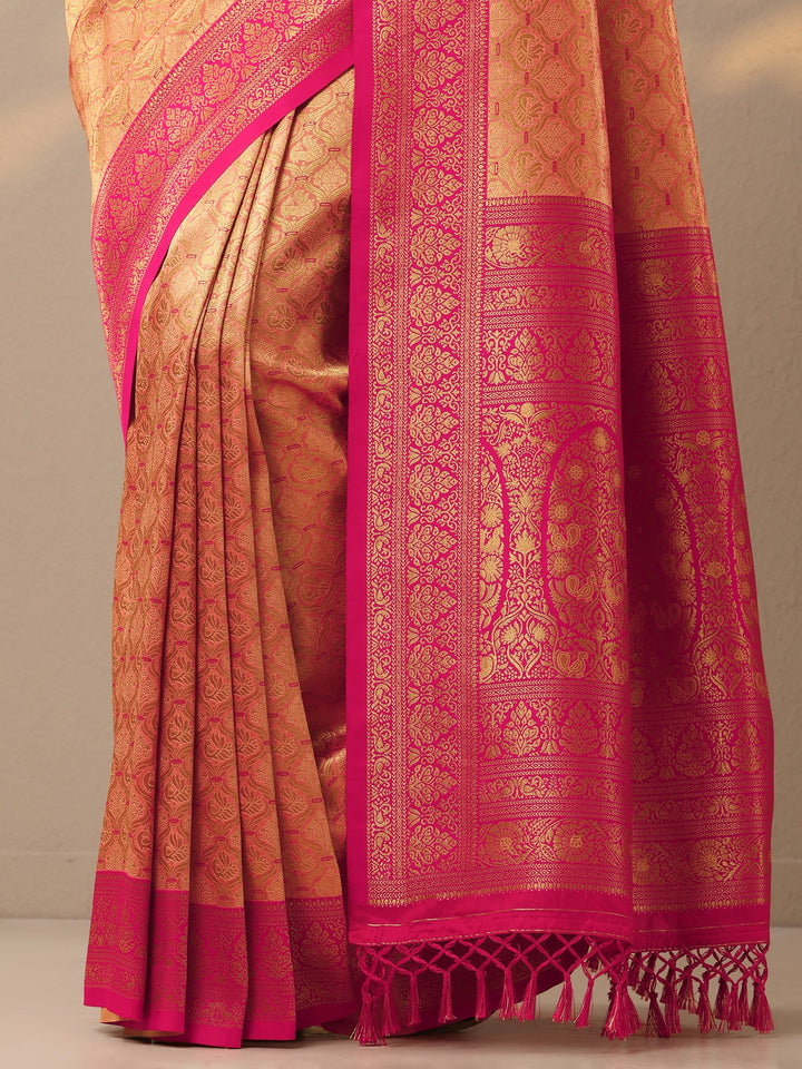 Peach Woven Design Banarasi Silk Blend Saree With Unstitched Blouse Piece
