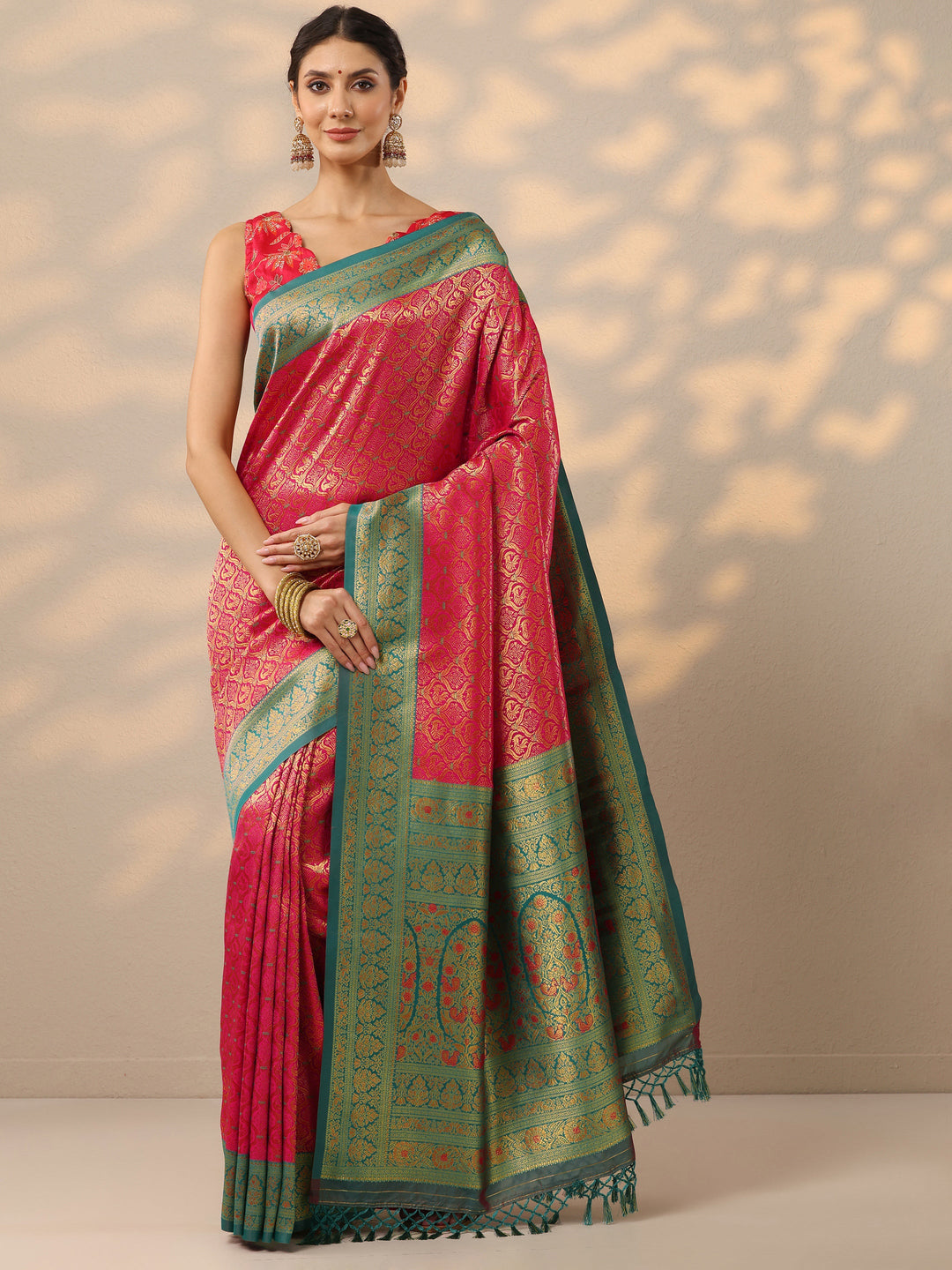 Pink Woven Design Banarasi Silk Blend Saree With Unstitched Blouse Piece