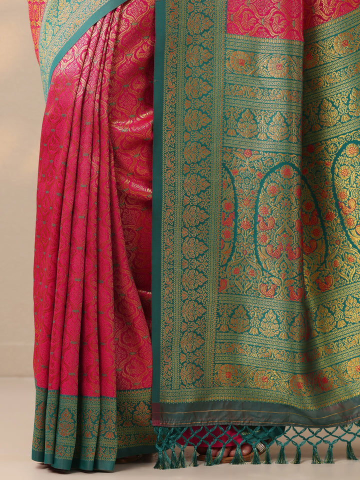 Pink Woven Design Banarasi Silk Blend Saree With Unstitched Blouse Piece