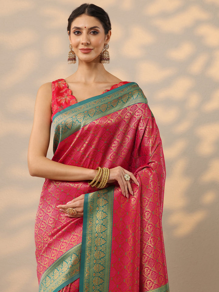 Pink Woven Design Banarasi Silk Blend Saree With Unstitched Blouse Piece