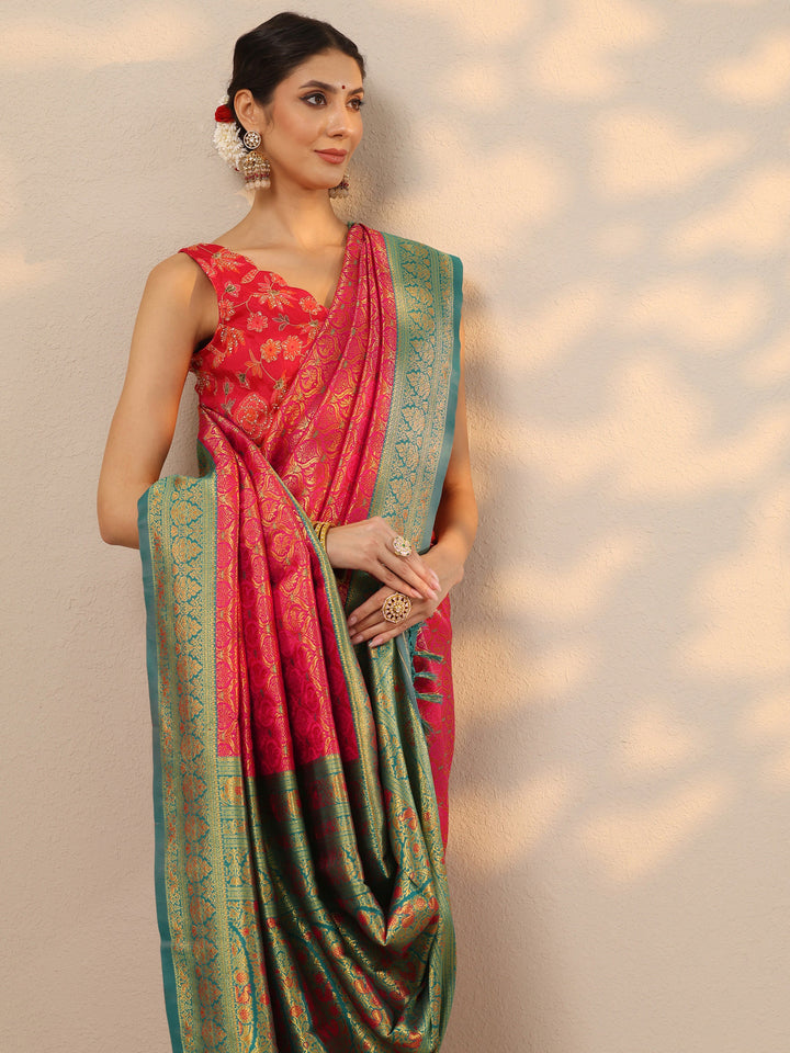 Pink Woven Design Banarasi Silk Blend Saree With Unstitched Blouse Piece