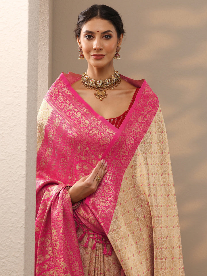 Off White Woven Design Banarasi Silk Blend Saree With Unstitched Blouse Piece