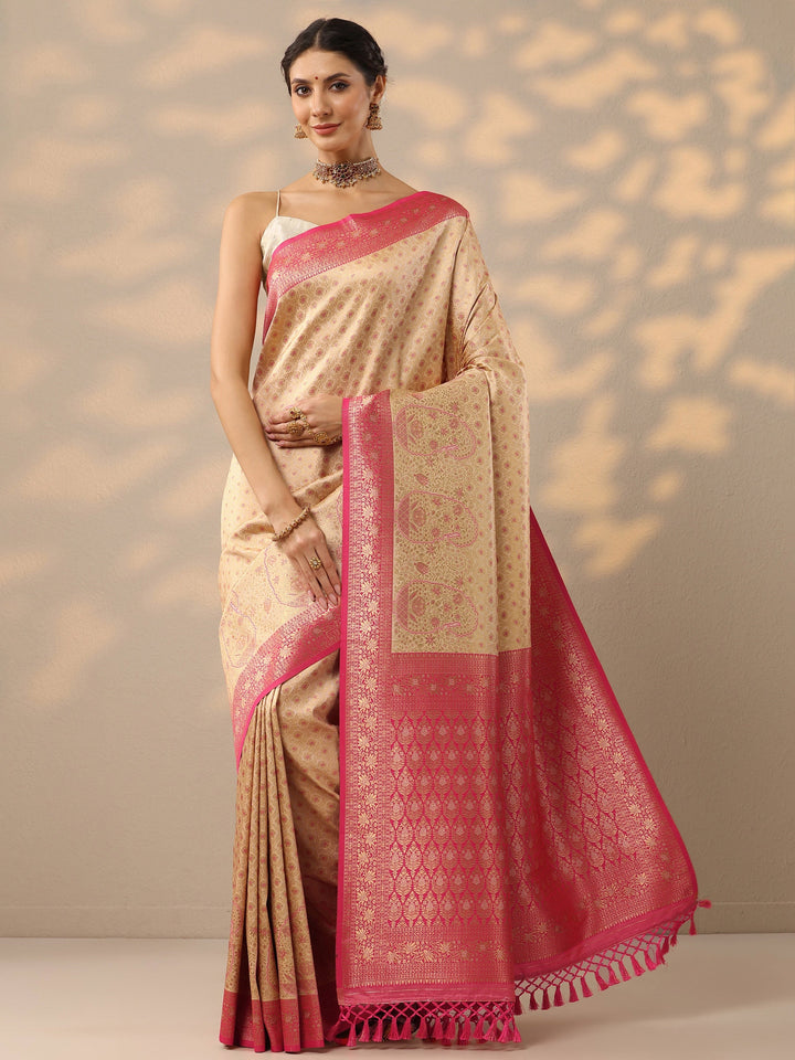 Off White Woven Design Banarasi Silk Blend Saree With Unstitched Blouse Piece