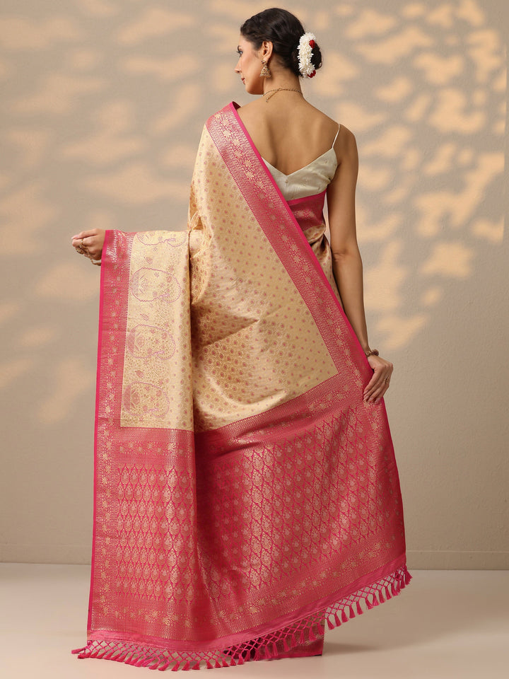 Off White Woven Design Banarasi Silk Blend Saree With Unstitched Blouse Piece