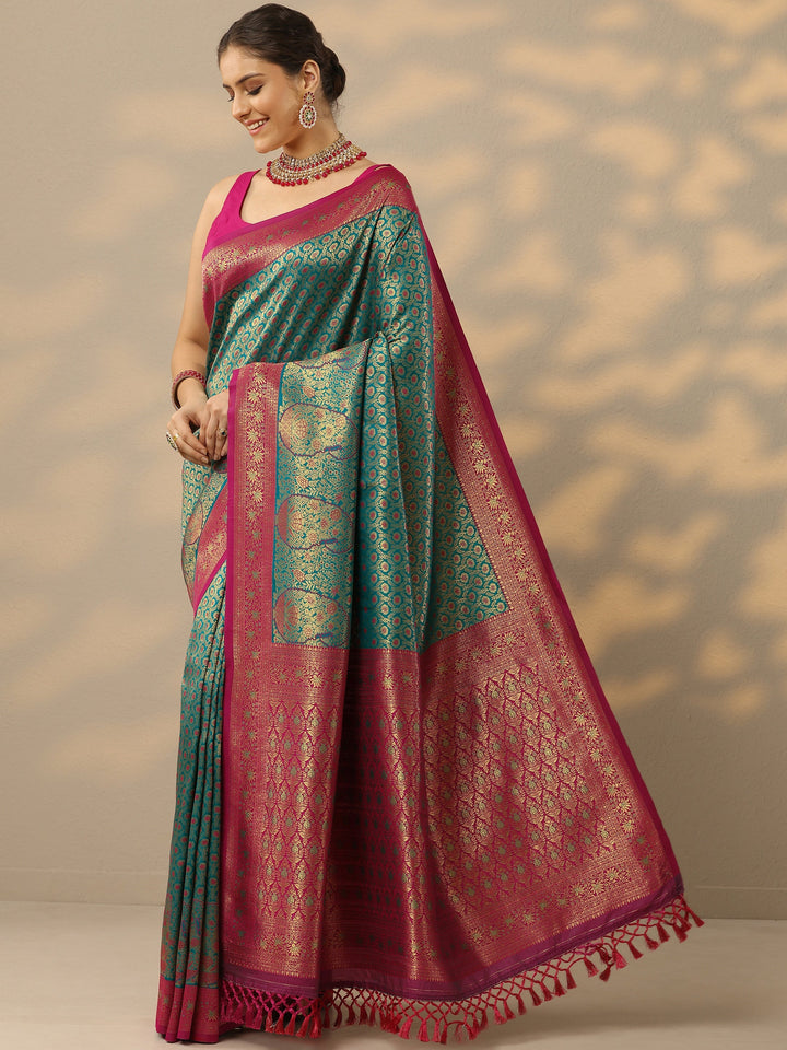 Green Woven Design Banarasi Silk Blend Saree With Unstitched Blouse Piece