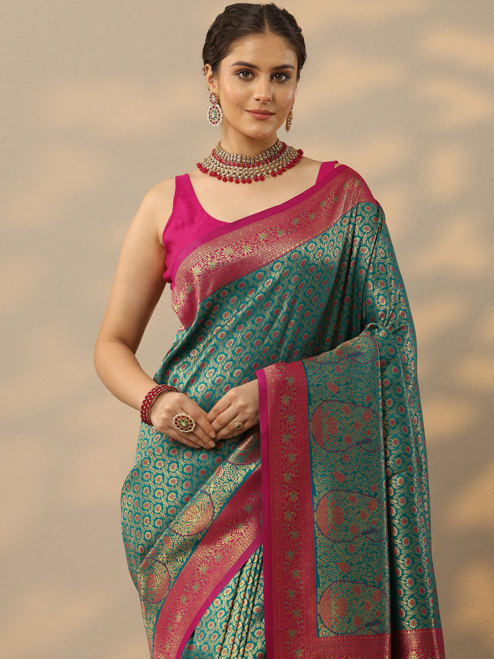 Green Woven Design Banarasi Silk Blend Saree With Unstitched Blouse Piece