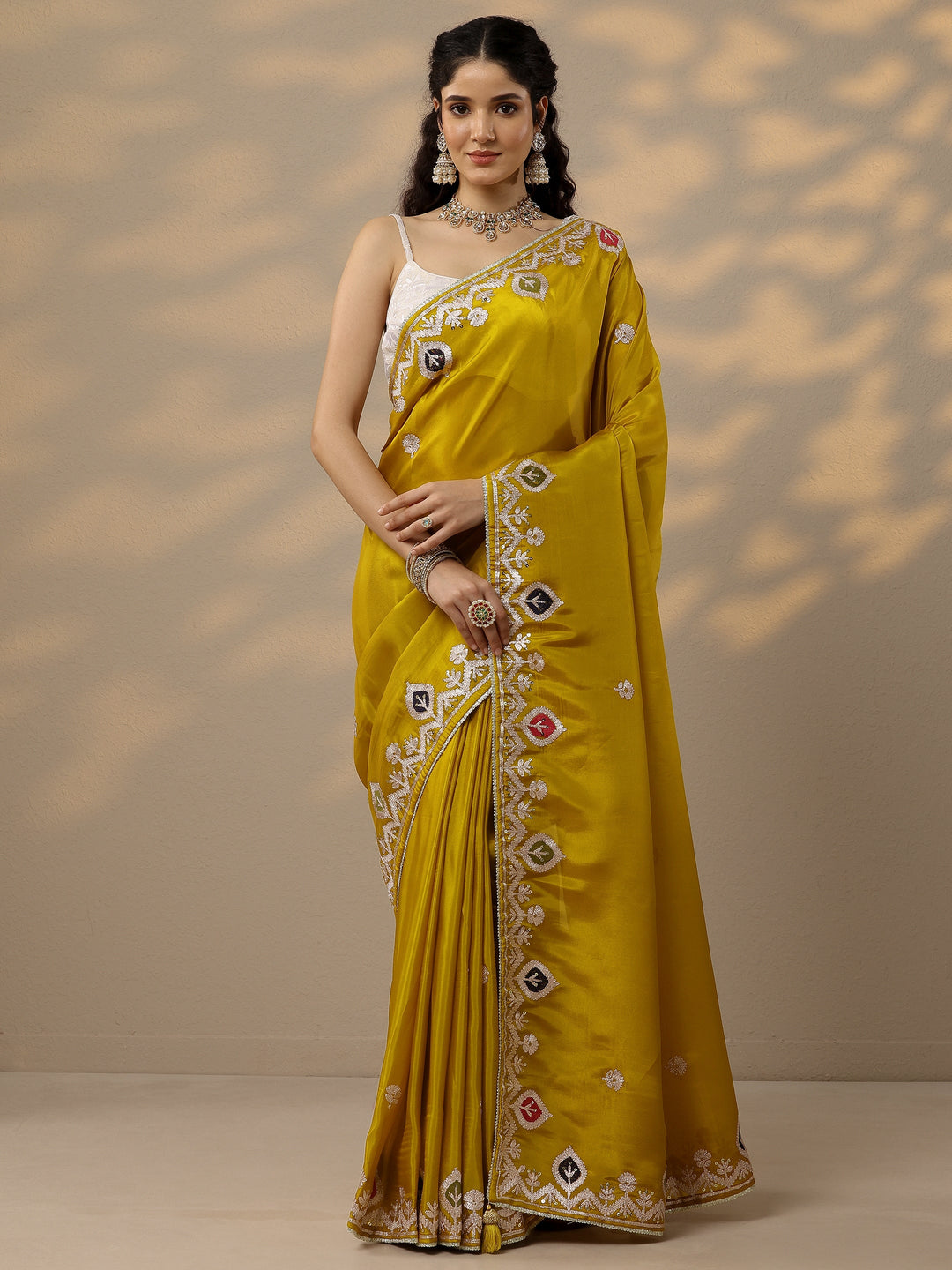 Mustard Embroidered Chinon Saree With Unstitched Blouse Piece