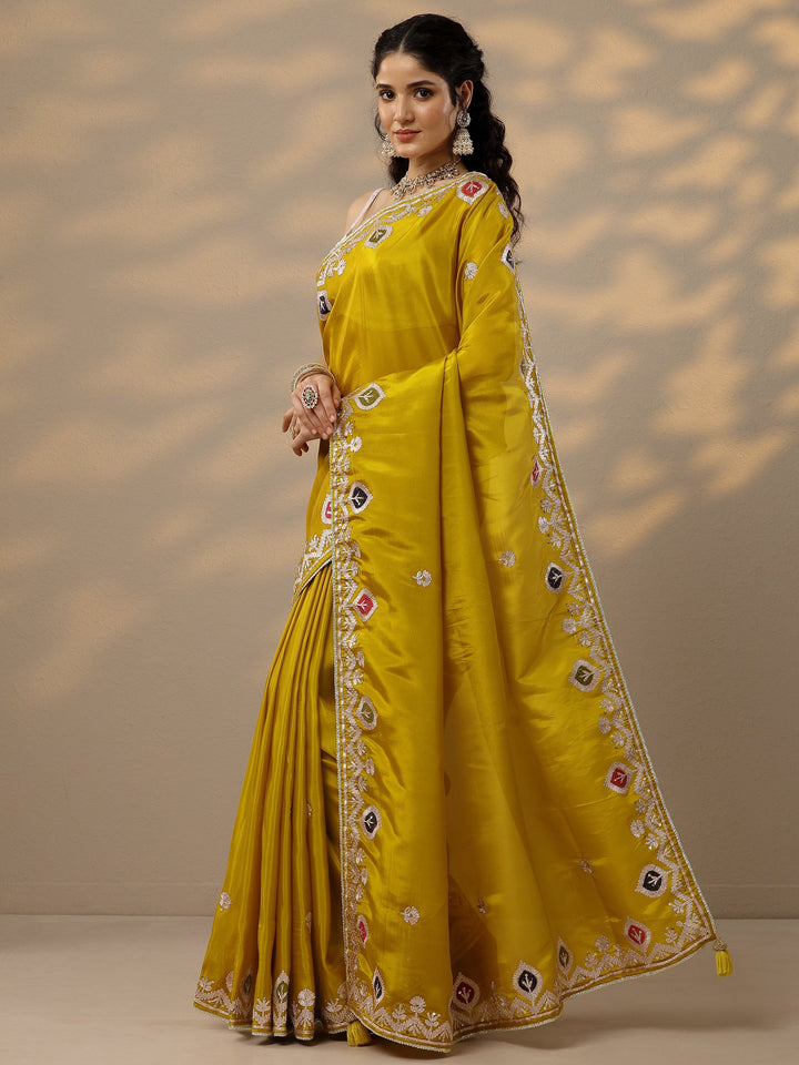 Mustard Embroidered Chinon Saree With Unstitched Blouse Piece