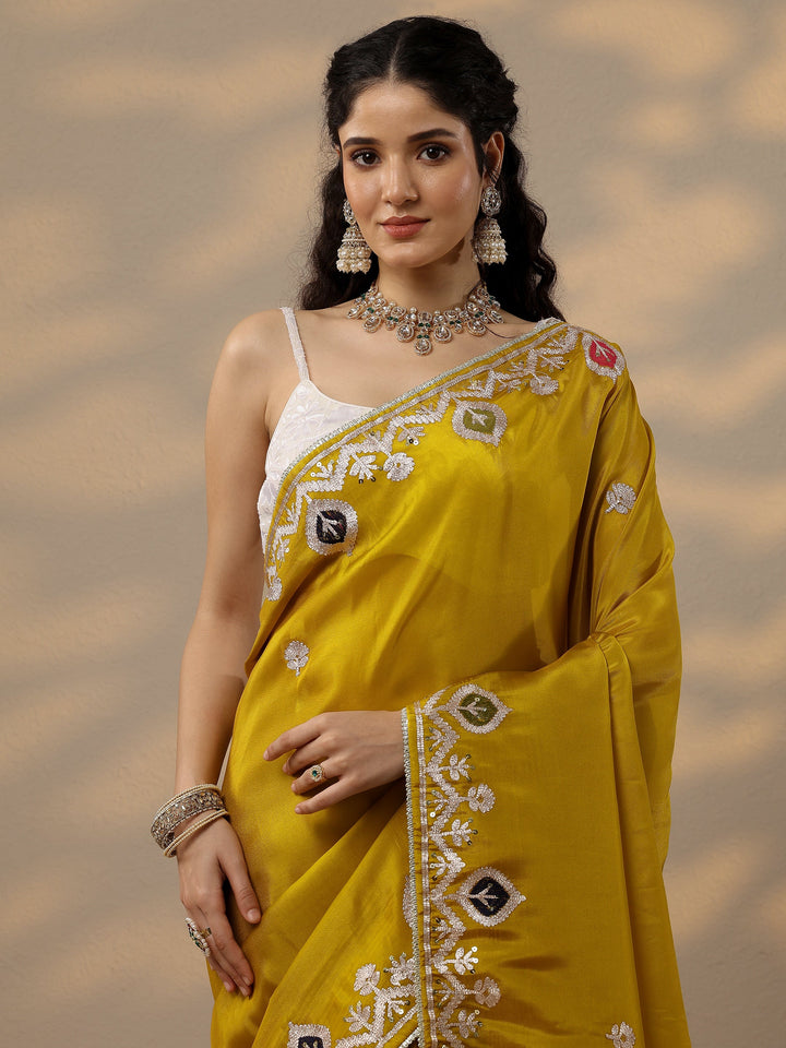 Mustard Embroidered Chinon Saree With Unstitched Blouse Piece