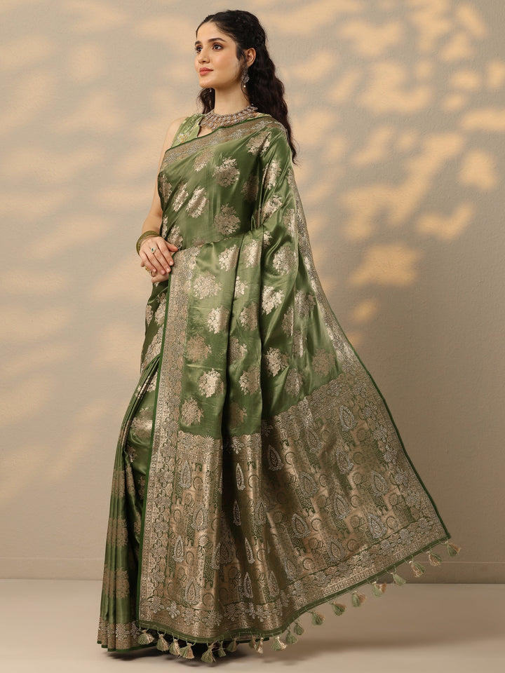 Green Woven Design Banarasi Silk Blend Saree With Unstitched Blouse Piece
