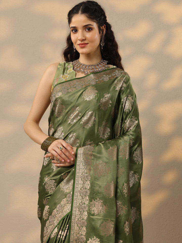 Green Woven Design Banarasi Silk Blend Saree With Unstitched Blouse Piece