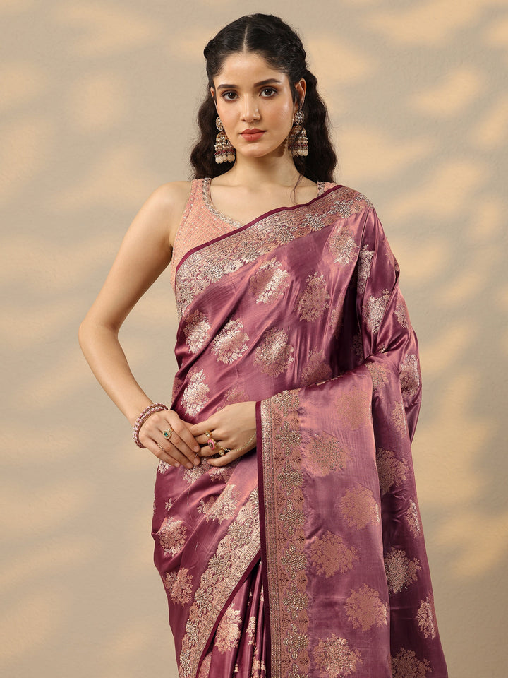 Pink Woven Design Banarasi Silk Blend Saree With Unstitched Blouse Piece