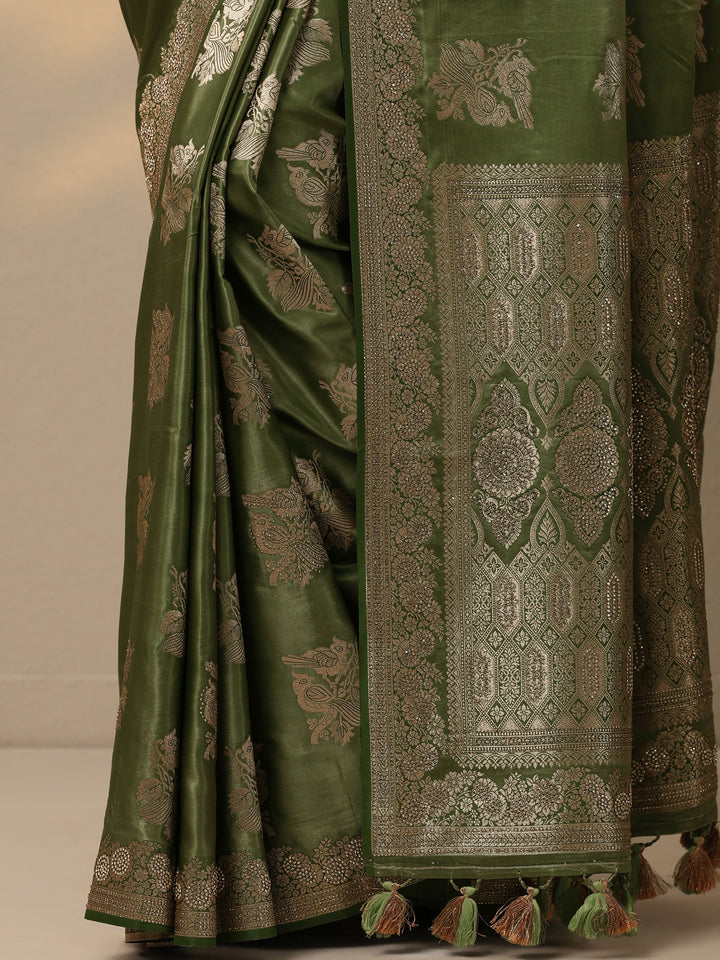 Green Woven Design Banarasi Silk Blend Saree With Unstitched Blouse Piece