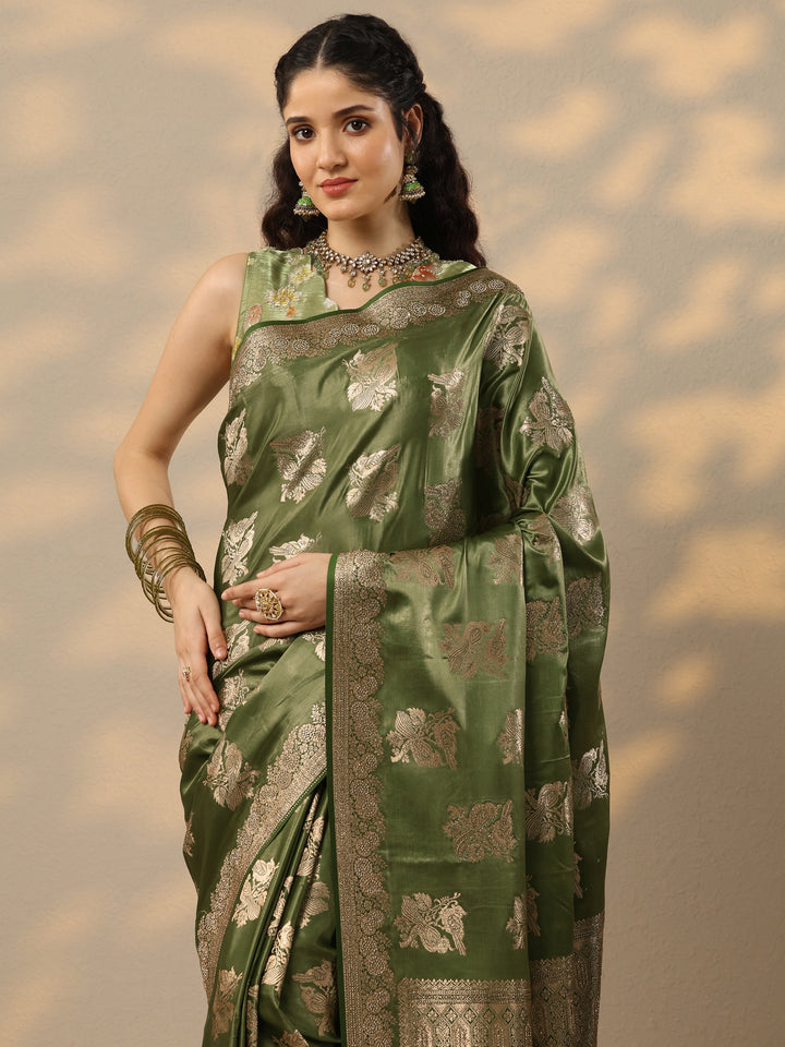 Green Woven Design Banarasi Silk Blend Saree With Unstitched Blouse Piece