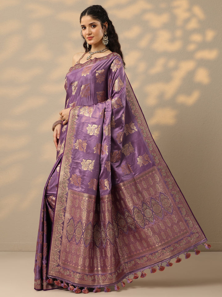 Purple Woven Design Banarasi Silk Blend Saree With Unstitched Blouse Piece