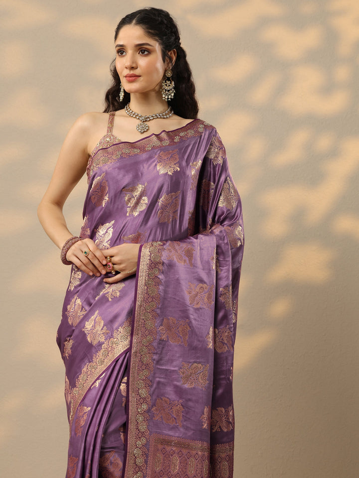 Purple Woven Design Banarasi Silk Blend Saree With Unstitched Blouse Piece