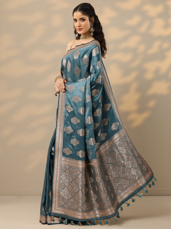 Blue Woven Design Banarasi Silk Blend Saree With Unstitched Blouse Piece