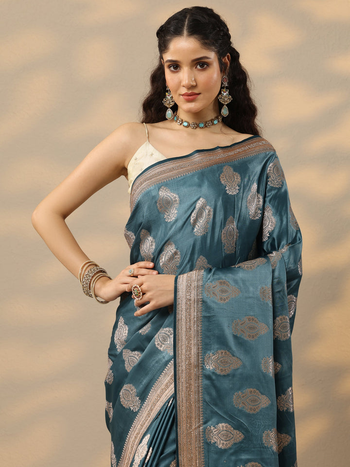 Blue Woven Design Banarasi Silk Blend Saree With Unstitched Blouse Piece