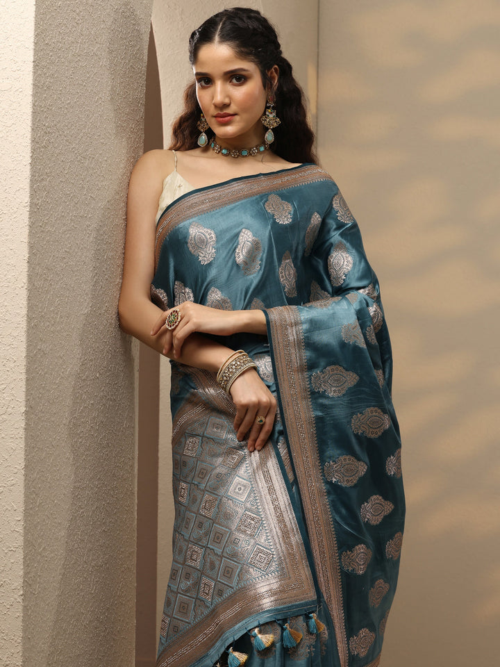 Blue Woven Design Banarasi Silk Blend Saree With Unstitched Blouse Piece