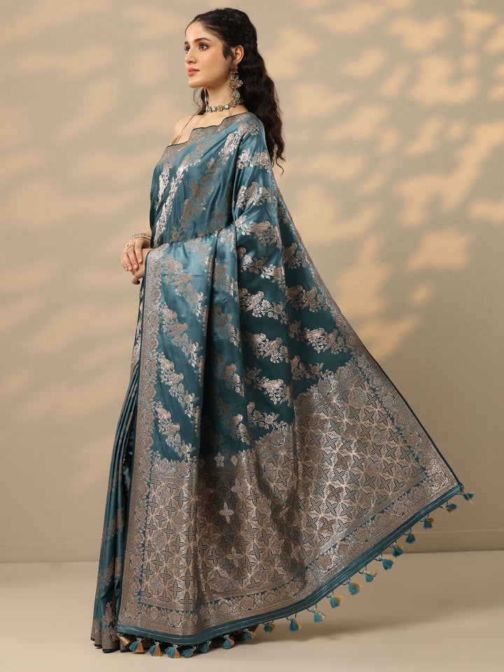 Blue Woven Design Banarasi Silk Blend Saree With Unstitched Blouse Piece