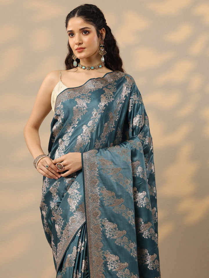 Blue Woven Design Banarasi Silk Blend Saree With Unstitched Blouse Piece