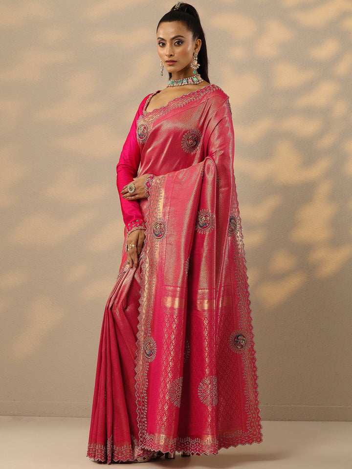 Pink Embellished Banarasi Silk Blend Saree With Unstitched Blouse Piece