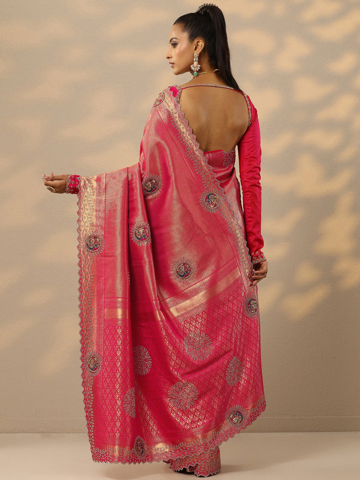 Pink Embellished Banarasi Silk Blend Saree With Unstitched Blouse Piece