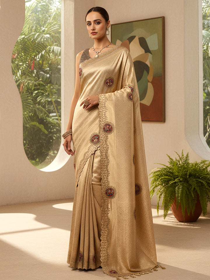 Gold Woven Design Banarasi Silk Blend Saree With Unstitched Blouse Piece