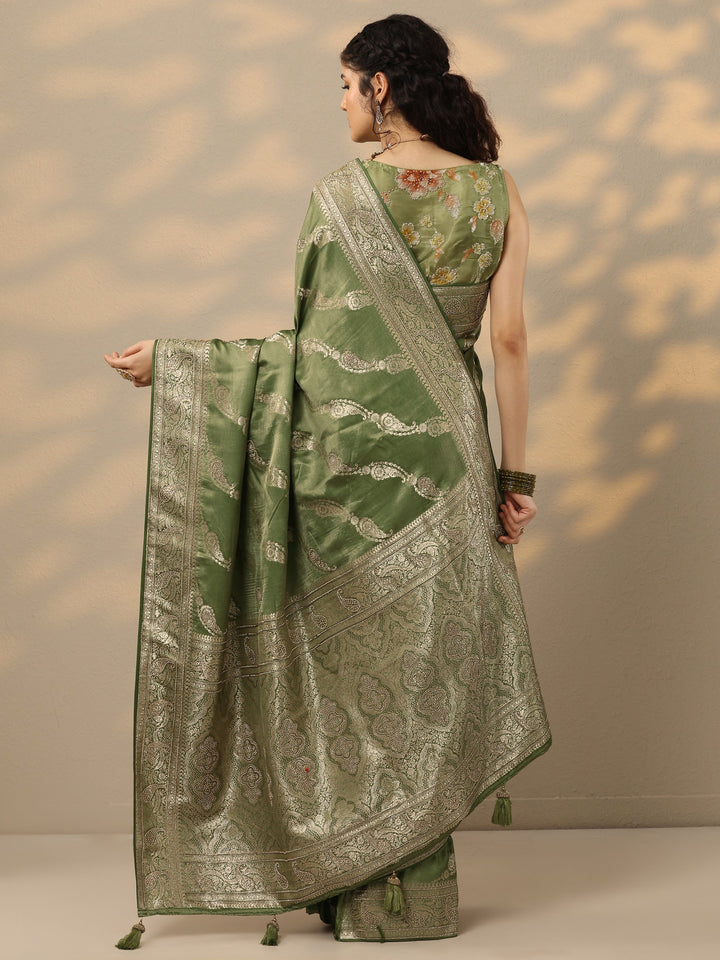 Green Woven Design Banarasi Silk Blend Saree With Unstitched Blouse Piece