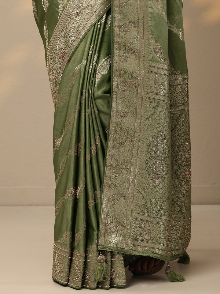 Green Woven Design Banarasi Silk Blend Saree With Unstitched Blouse Piece