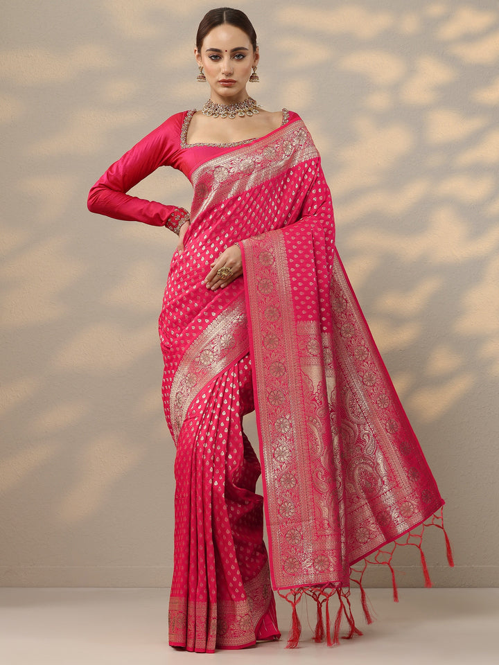 Pink Woven Design Banarasi Silk Blend Saree With Unstitched Blouse Piece