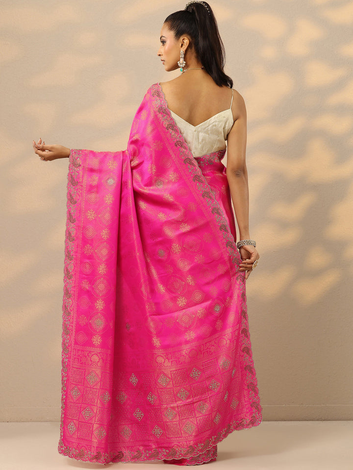 Pink Embellished Banarasi Silk Blend Saree With Unstitched Blouse Piece