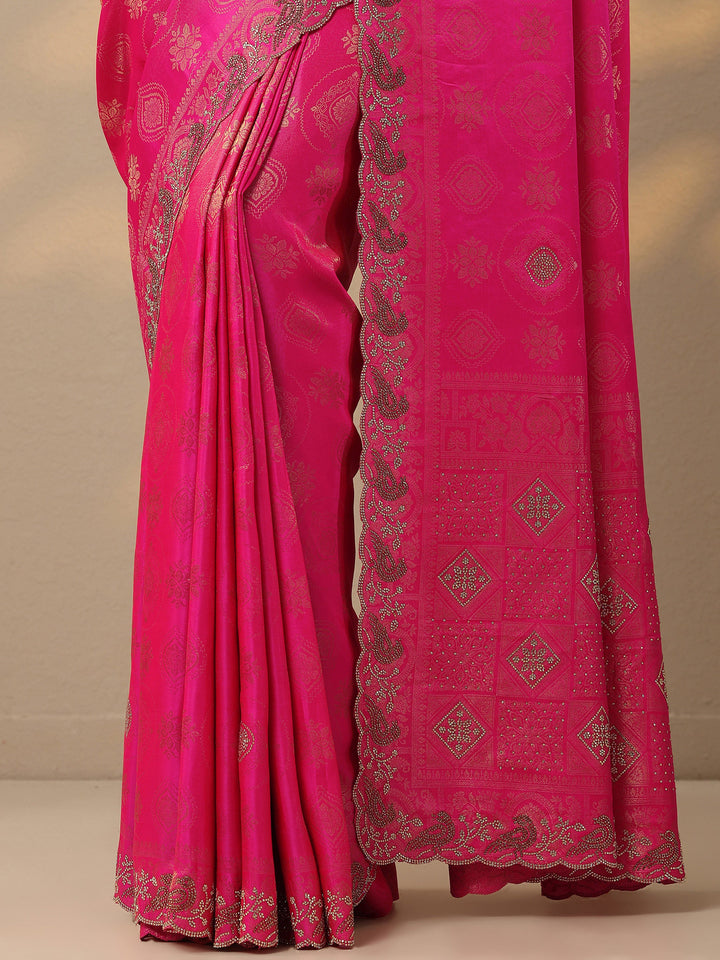 Pink Embellished Banarasi Silk Blend Saree With Unstitched Blouse Piece