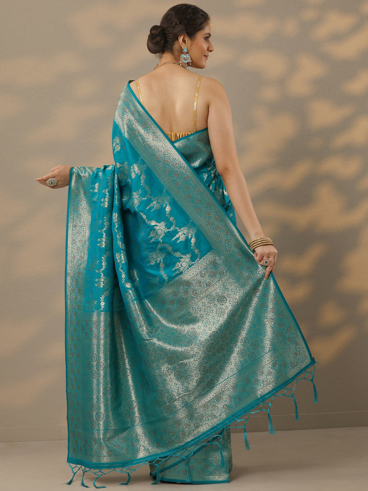 Blue Embellished Banarasi Silk Blend Saree With Unstitched Blouse Piece