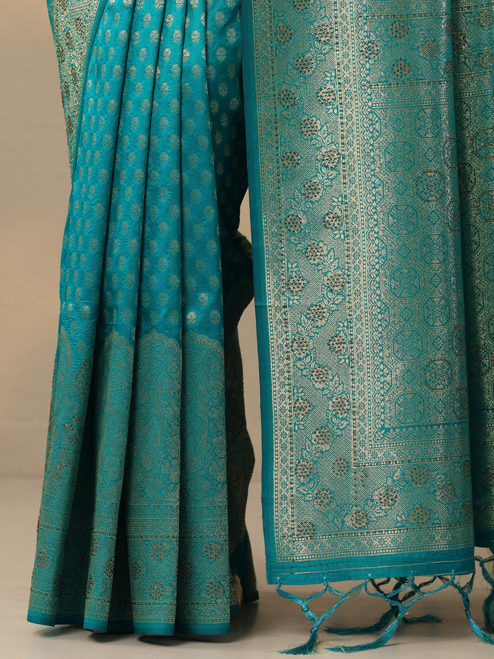 Blue Embellished Banarasi Silk Blend Saree With Unstitched Blouse Piece