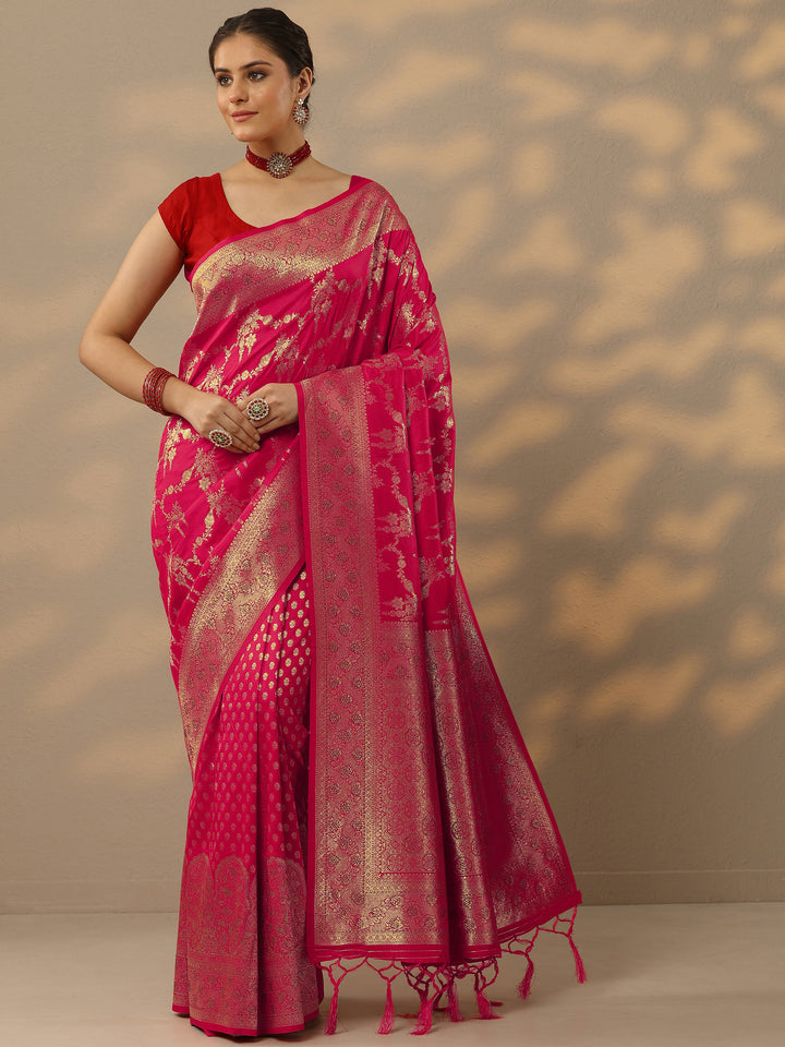 Pink Embellished Banarasi Silk Blend Saree With Unstitched Blouse Piece
