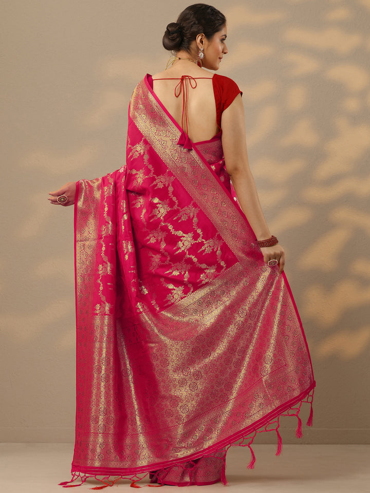 Pink Embellished Banarasi Silk Blend Saree With Unstitched Blouse Piece