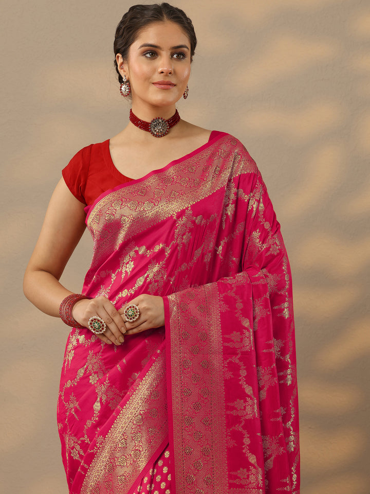 Pink Embellished Banarasi Silk Blend Saree With Unstitched Blouse Piece