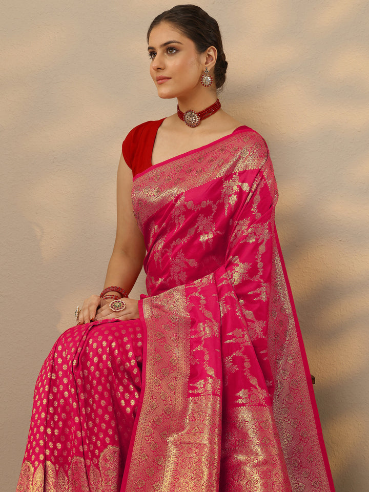 Pink Embellished Banarasi Silk Blend Saree With Unstitched Blouse Piece