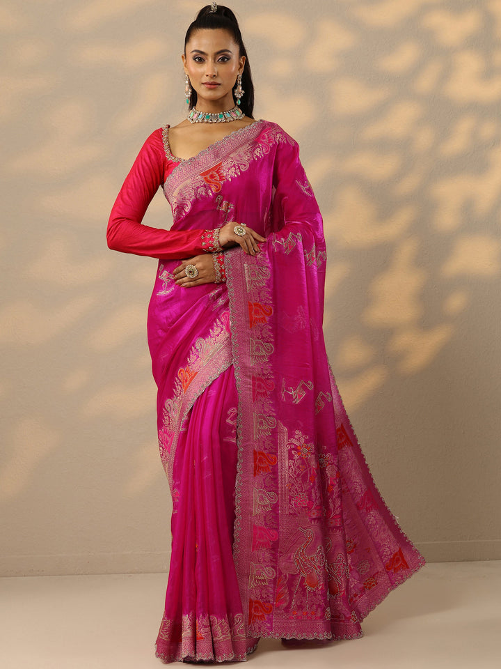 Pink Embellished Banarasi Organza Saree With Unstitched Blouse Piece