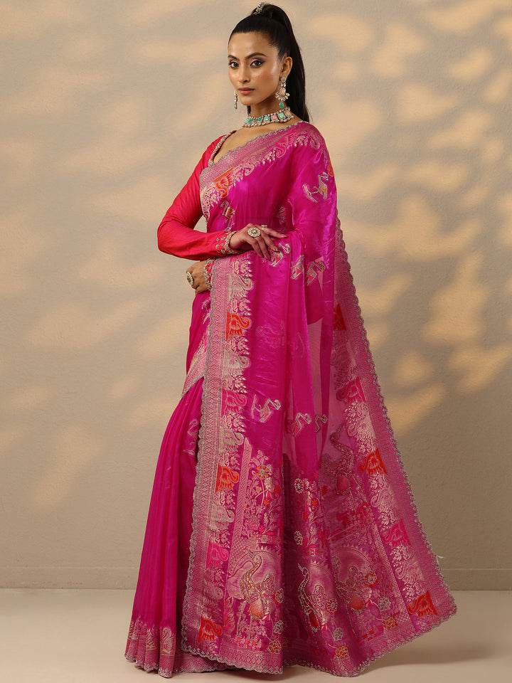 Pink Embellished Banarasi Organza Saree With Unstitched Blouse Piece