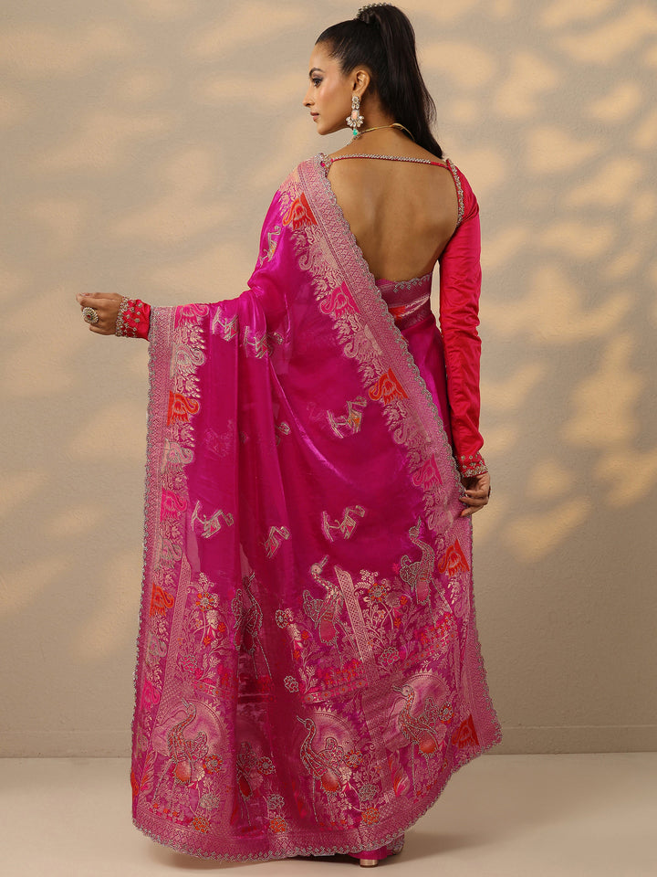 Pink Embellished Banarasi Organza Saree With Unstitched Blouse Piece