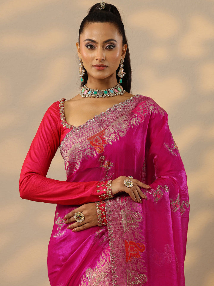 Pink Embellished Banarasi Organza Saree With Unstitched Blouse Piece
