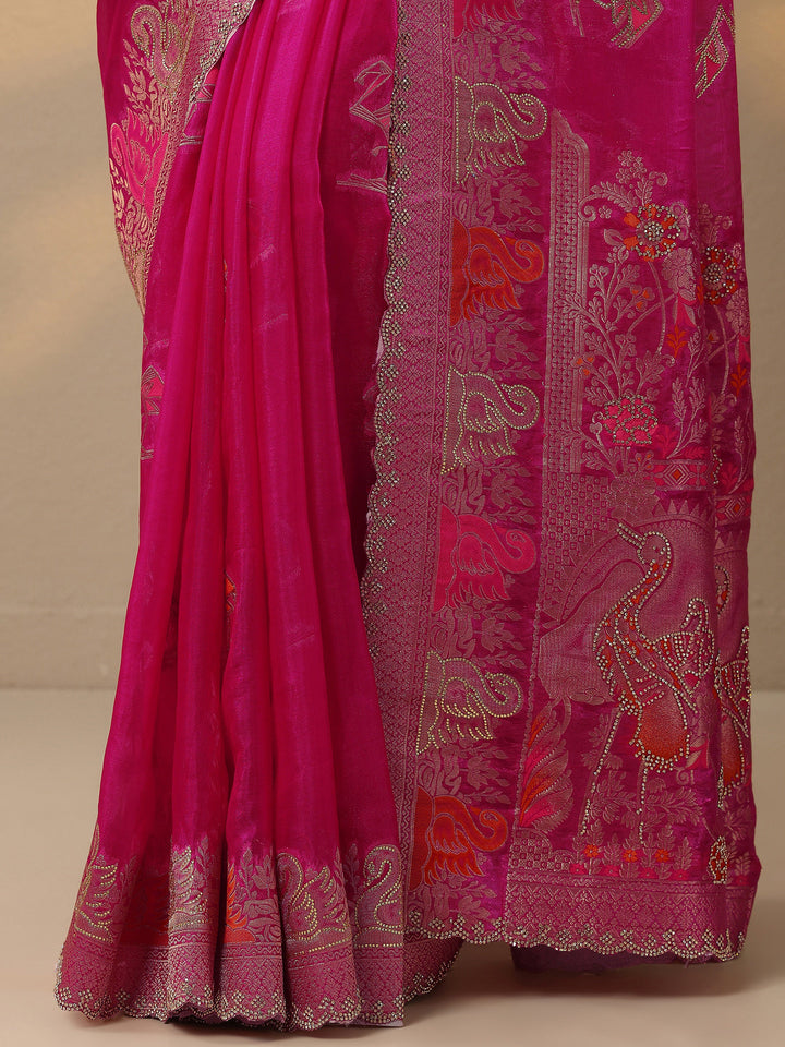 Pink Embellished Banarasi Organza Saree With Unstitched Blouse Piece