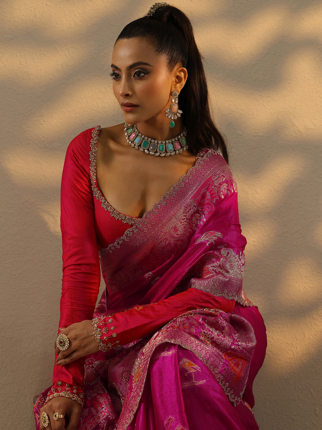 Pink Embellished Banarasi Organza Saree With Unstitched Blouse Piece